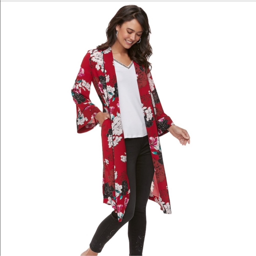 Jennifer Lopez J Lo Floral Red Kimono Robe with Pockets - S